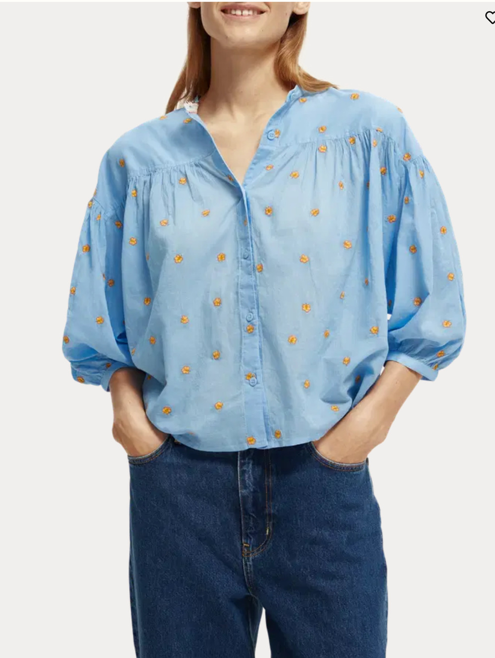 Scotch Soda Womens Blue Gathered 3/4 Sleeve Embroidered Top Size Medium NWT